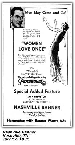 Promo Ad - Paramount Theater - Nashville, TN - Jack Thurston - July 12, 1931