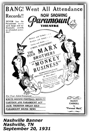 Promo Ad - Paramount Theater - Nashville, TN - Jack Thurston - Organ Solo - September 20, 1931