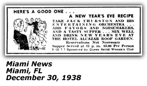 Promo Ad - Hotel Alacazar Roof Garden - Jack Thurston - Miami, FL - December 30, 1938