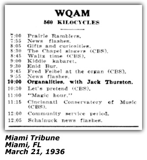 Radio Log - WQAM - Miami, FL - Organalities with Jack Thurston - March 1936