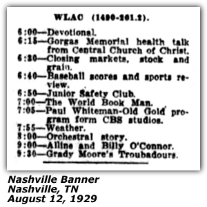 Radio Log - WlAC - Nashville, TN - Alline and Billy O'Connor - August 1929 