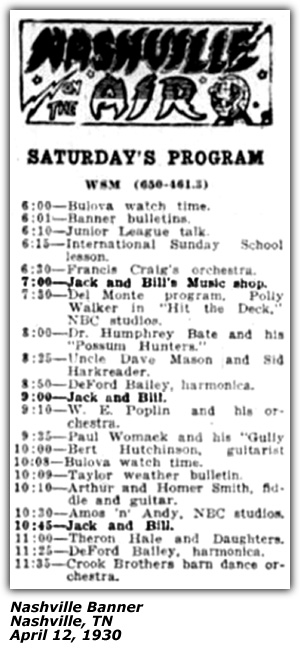 Radio Log - WSM - Jack and Bill - Jack Thurston - Billy O'Connor - WSM Grand Ole Opry - April 12, 1930