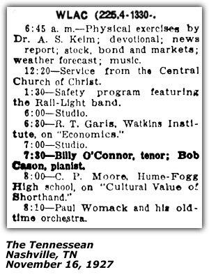 Radio Log - WLAC - Nashville, TN - Billy O'Connor - Bob Cason - November 1927