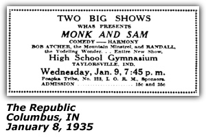 Promo Ad - Taylorsville High School Gymnasium - Taylorsville, IN - Monk and Sam - Bob and Randy Atcher - January 1935