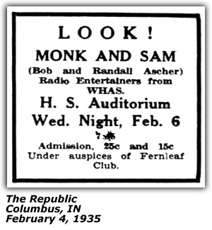Promo Ad - Columbus High School Auditorium - Columbus, IN - Monk and Sam - Bob and Randall Atcher - February 1935