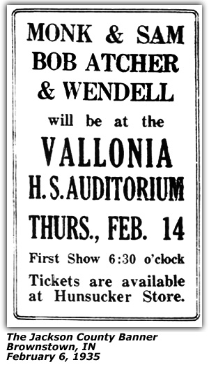 Promo Ad - Vallonia High School Auditorium - Monk and Sam - Bob and Randy Atcher - February 1935