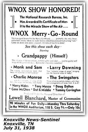 Promo Ad - WNOX - Midday Merry-Go-Round - Grandpappy - Monk and Sam - Larry Downing - Charlie Monroe - The Swingsters - Harry Nides - Tony Musco - Doug Dalton - Gene McGhee - Dot and Middie - Tommy Covington - Lowell Blanchard - July 1938