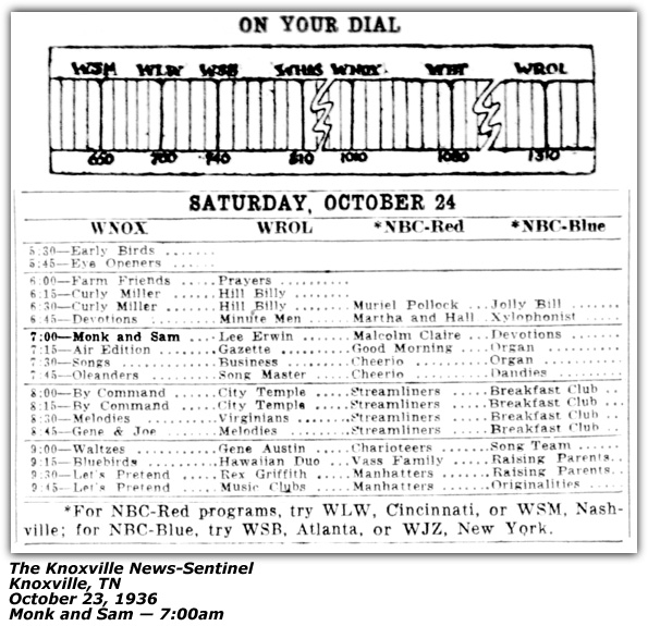 Radio Log - WNOX - Knoxville, TN - Monk and Sam - October 1936