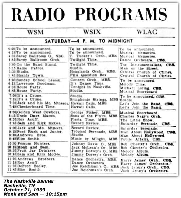 Radio Log - WSM - Monk and Sam - October 21, 1939