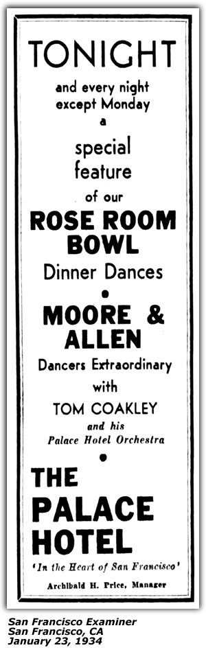 Promo Ad - Palace Hotel - Rose Bowl Room - San Francisco, CA - Tom Coakley - Palace Hotel Orchestra - January 1934