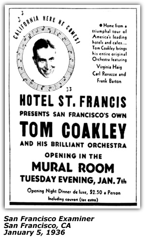 Promo Ad - Hotel St. Francis - Mural Room - Tom Coakley - January 1936