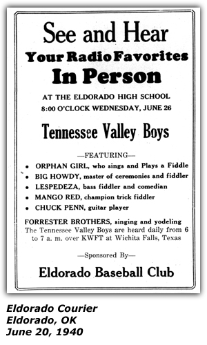 Eldorado High School - Eldorado, OK - Tennessee Valley Boys - Orphan Girl - Big Howdy - Lespedeza - Mango Red - Chuck Penn - Forrester Brothers - June 1940